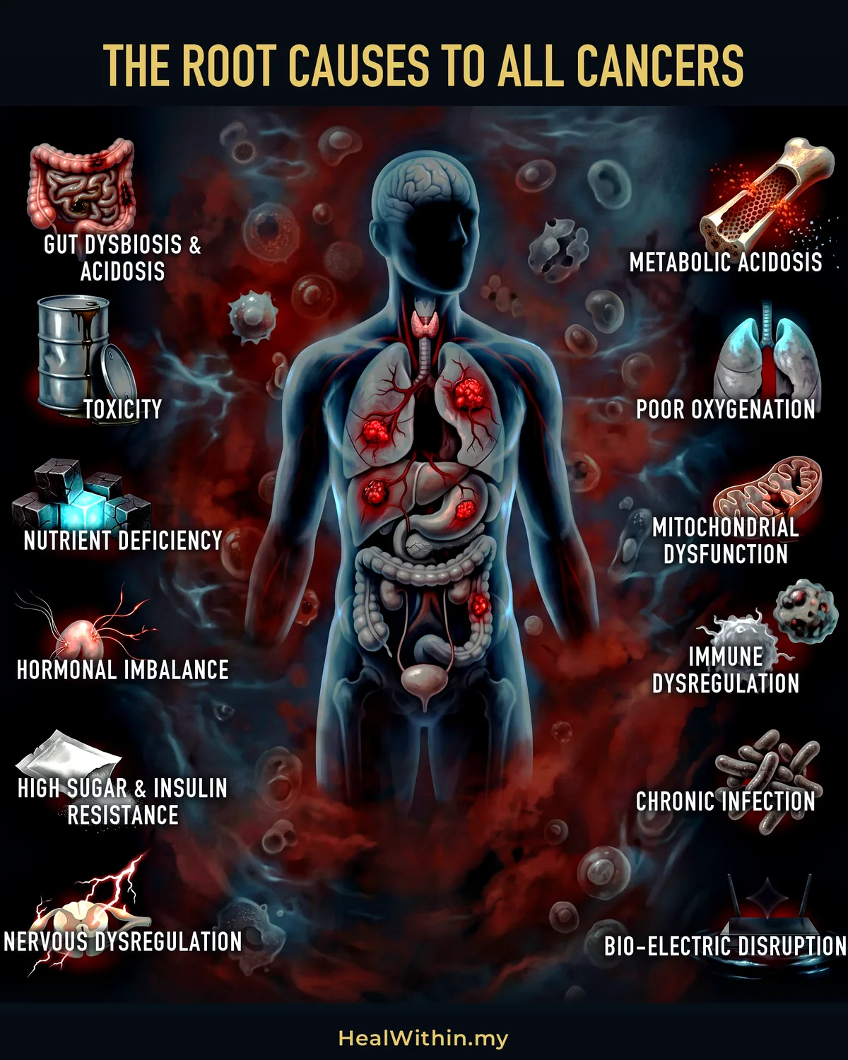 The Root Causes to cancer in one picture: a sick body seen from the head to the pelvis, floating in a spoiled fluid environment full of damaged cells, with tumours burning in the lung, liver, stomach and colon — and the Root Causesnamed around it: gut dysbiosis and acidosis, toxicity, nutrient deficiency, hormonal imbalance, high sugar and insulin resistance, nervous dysregulation, metabolic acidosis, poor oxygenation, mitochondrial dysfunction, immune dysregulation, chronic infection and bio-electric disruption.