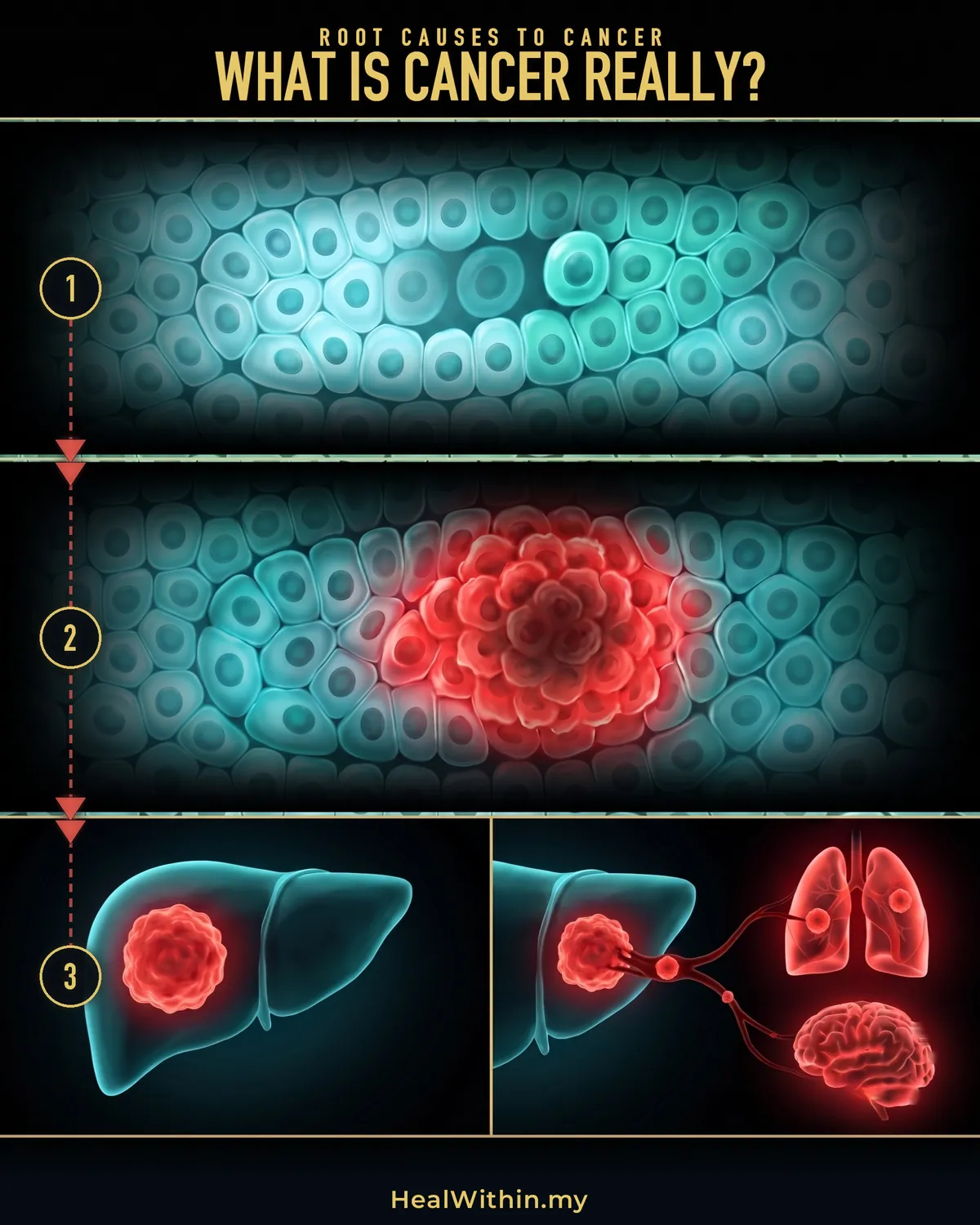 What cancer really is, in three stages: cells die and new cells replace them, keeping the organ healthy; sometimes the replacement turns cancerous and the new cells divide out of control and form a lump, a cancer-tumour; a tumour that stays in one organ is benign, and a tumour that spreads to other organs is malignant.
