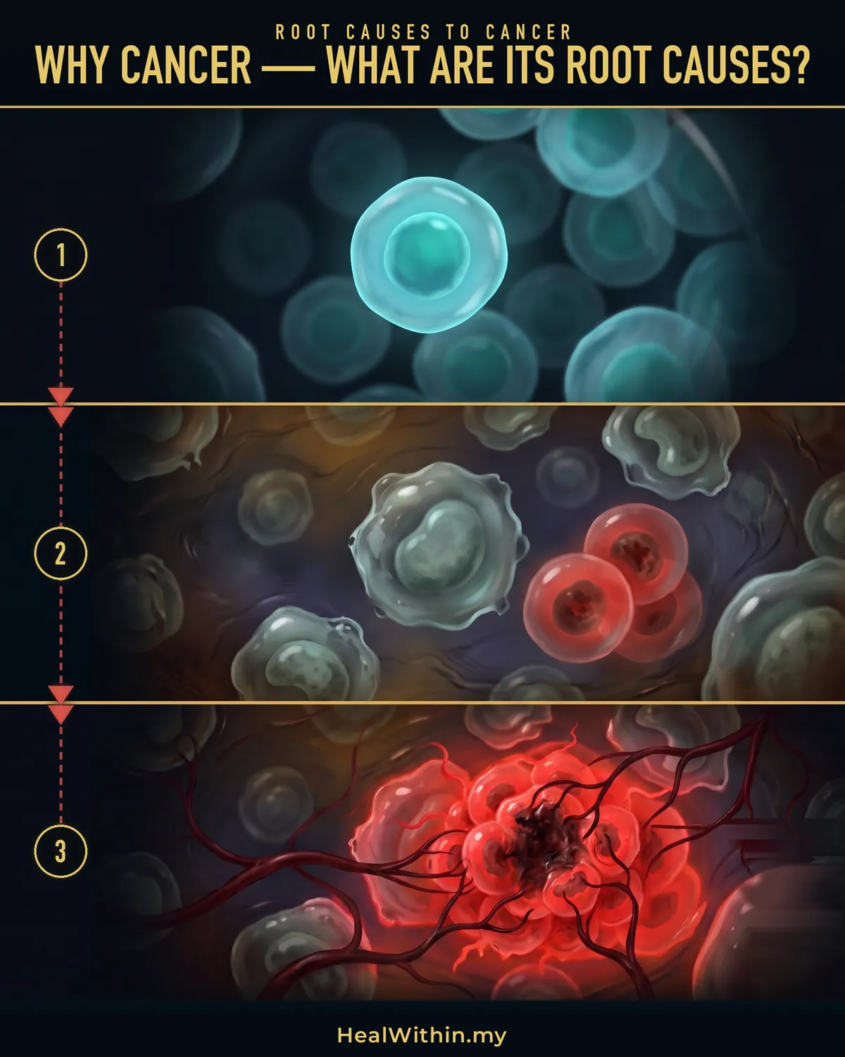 Why cancer, in three parts: cells live in an environment, the fluid around them and what is inside them; when that environment is disturbed it turns abnormal and the cells no longer have what they need; the cells turn cancerous, divide out of control, and a tumour is formed.