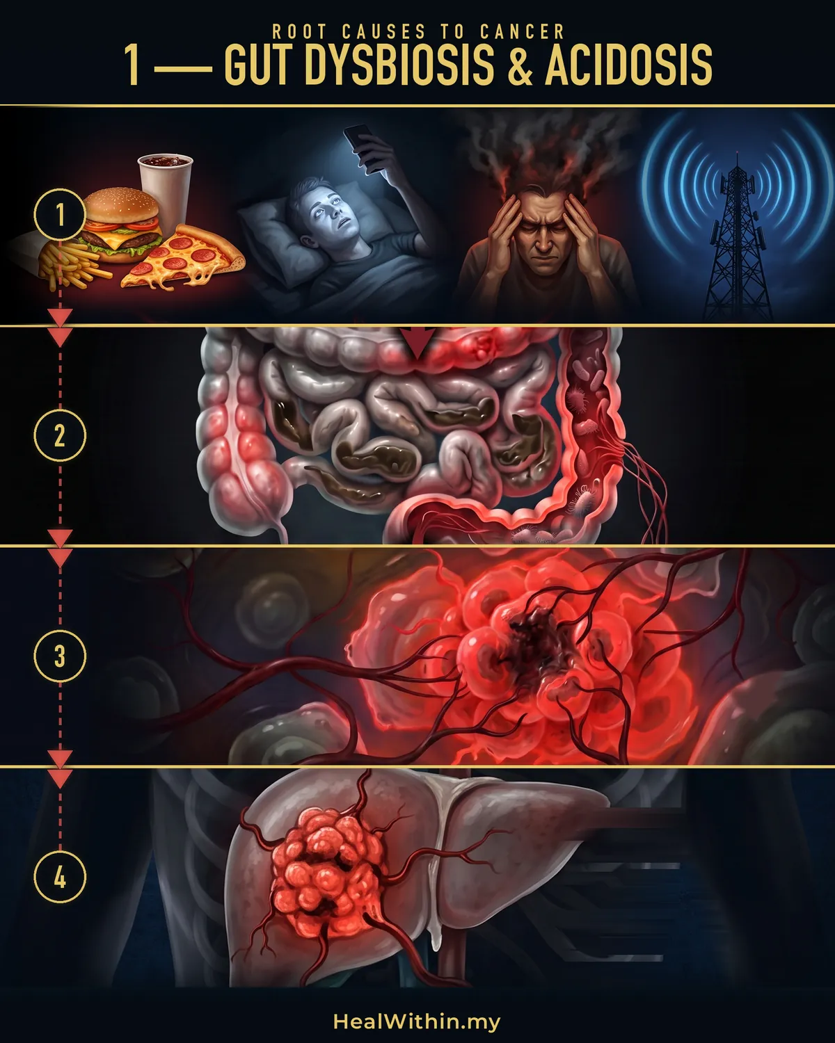 Root Cause 1, gut dysbiosis and acidosis, in four stages: poor diet, poor sleep, stress and EMF all weigh on the gut; the gut stops working properly and the gut wall becomes leaky, so acids and toxins cross into the blood; the environment the cells need turns abnormal and cells turn cancerous; a tumour is formed, the organ is damaged, and the cancer is diagnosed.