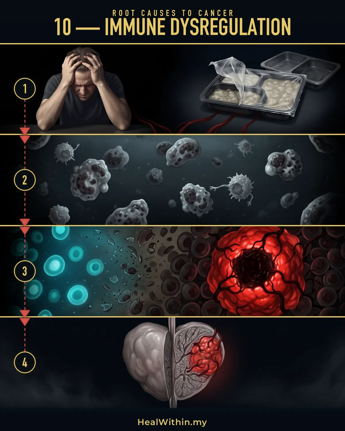 Root Cause 10, immune dysregulation, in four stages: a damaged gut, toxicity, chronic stress and missing nutrients all weaken immune function; immune surveillance drops, so the damaged cells the body normally finds and removes every day are missed and survive; the environment the cells need turns abnormal and cells turn cancerous; a tumour is formed, the organ is damaged, and the cancer is diagnosed.