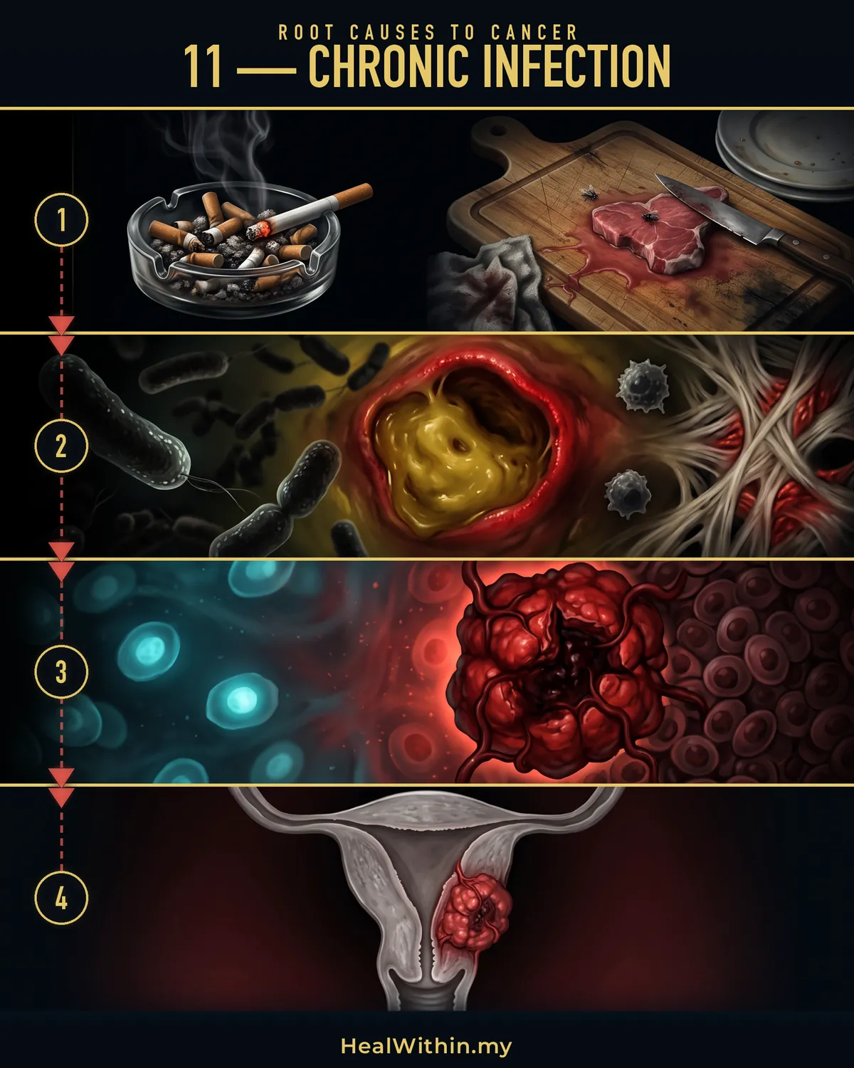 Root Cause 11, chronic infection, in four stages: repeated exposure through poor hygiene, weak immunity, toxicity and missing nutrients mean an infection takes hold and is never fully cleared; it persists for months or years, causing constant inflammation and constant damage and repair in the tissue; the environment the cells need turns abnormal and cells turn cancerous; a tumour is formed, the organ is damaged, and the cancer is diagnosed.