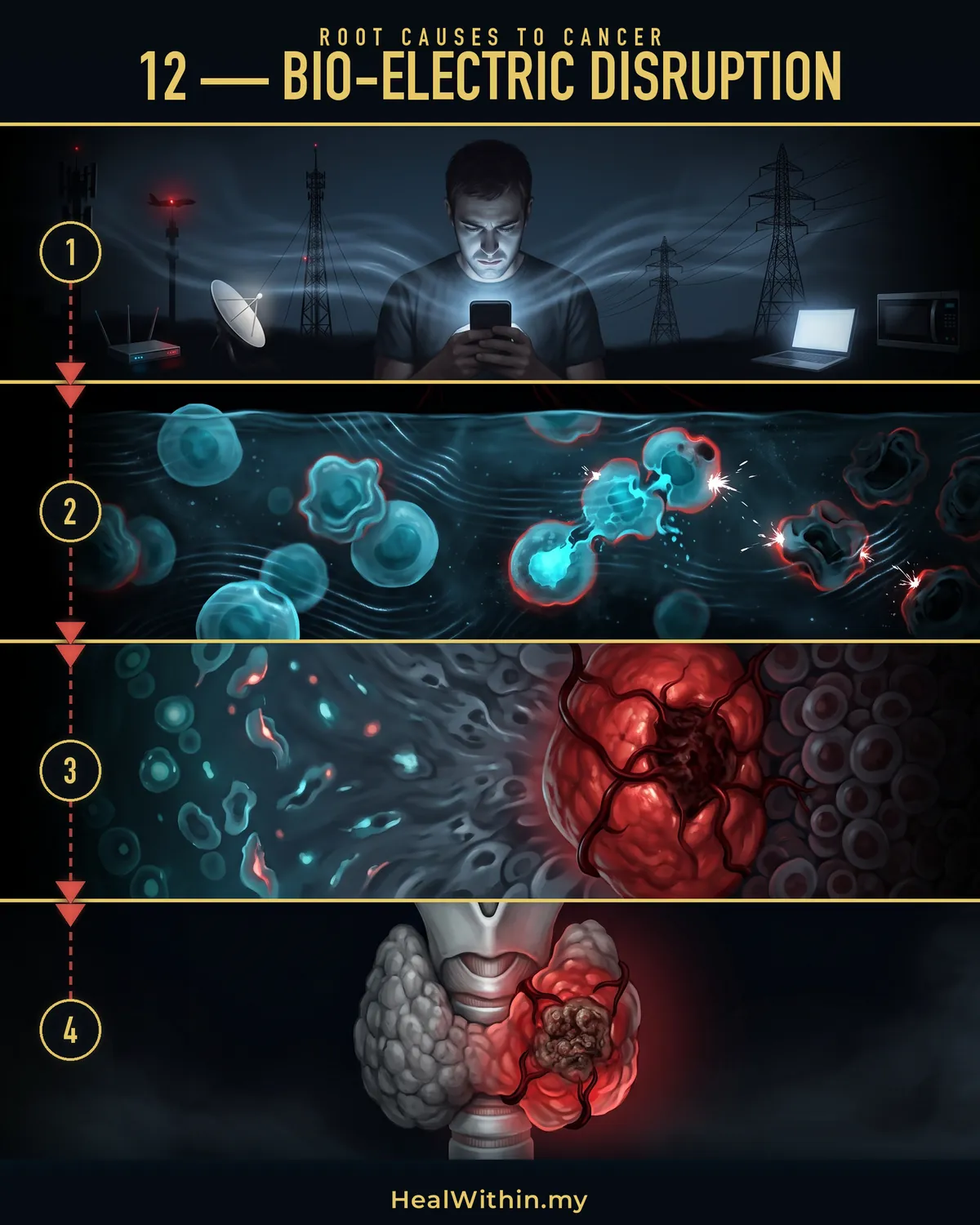 Root Cause 12, bio-electric disruption, in four stages: constant EMF exposure from devices, and no contact with the earth's natural electrical field; the electrical signalling between cells is disturbed, so cells lose coordination with each other and sleep and repair cycles are disrupted; the environment the cells need turns abnormal and cells turn cancerous; a tumour is formed, the organ is damaged, and the cancer is diagnosed.