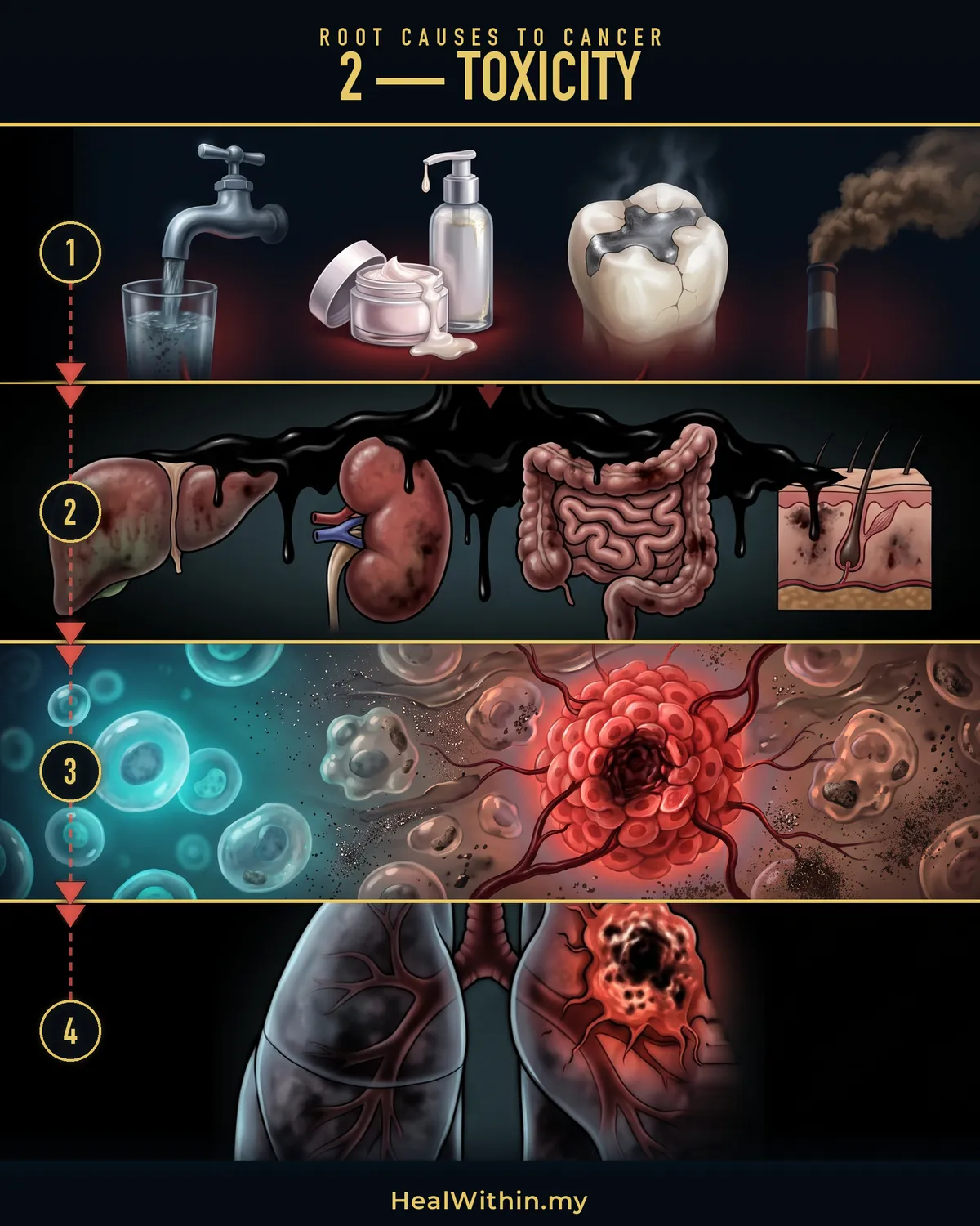 Root Cause 2, toxicity, in four stages: toxins enter through the gut, the lungs and the skin; the organs that clear them — the liver, kidneys, bowel and skin — are weakened, so less is cleared while more comes in; the environment the cells need turns abnormal and cells turn cancerous; a tumour is formed, the organ is damaged, and the cancer is diagnosed.