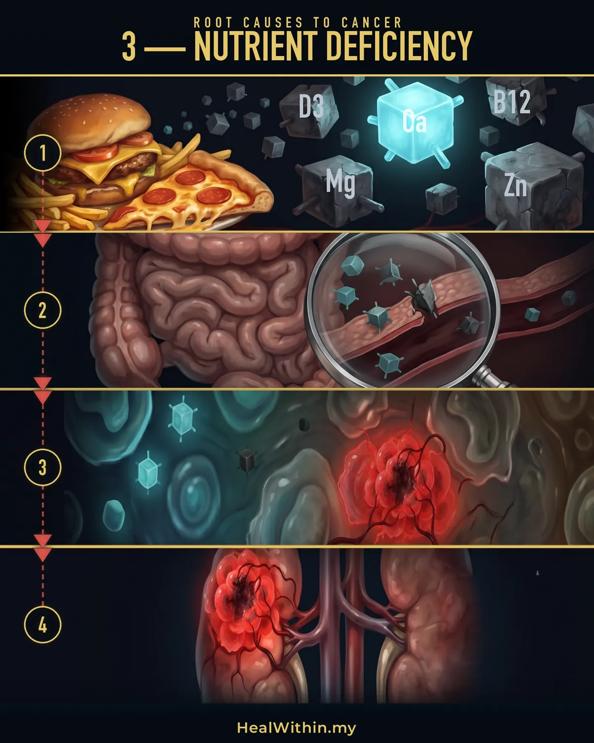 Root Cause 3, nutrient deficiency, in four stages: modern food is processed and grown in soil stripped of minerals, so the diet is poor in nutrients to begin with; poor gut function then absorbs only part of even that; the environment the cells need turns abnormal and cells turn cancerous; a tumour is formed, the organ is damaged, and the cancer is diagnosed.