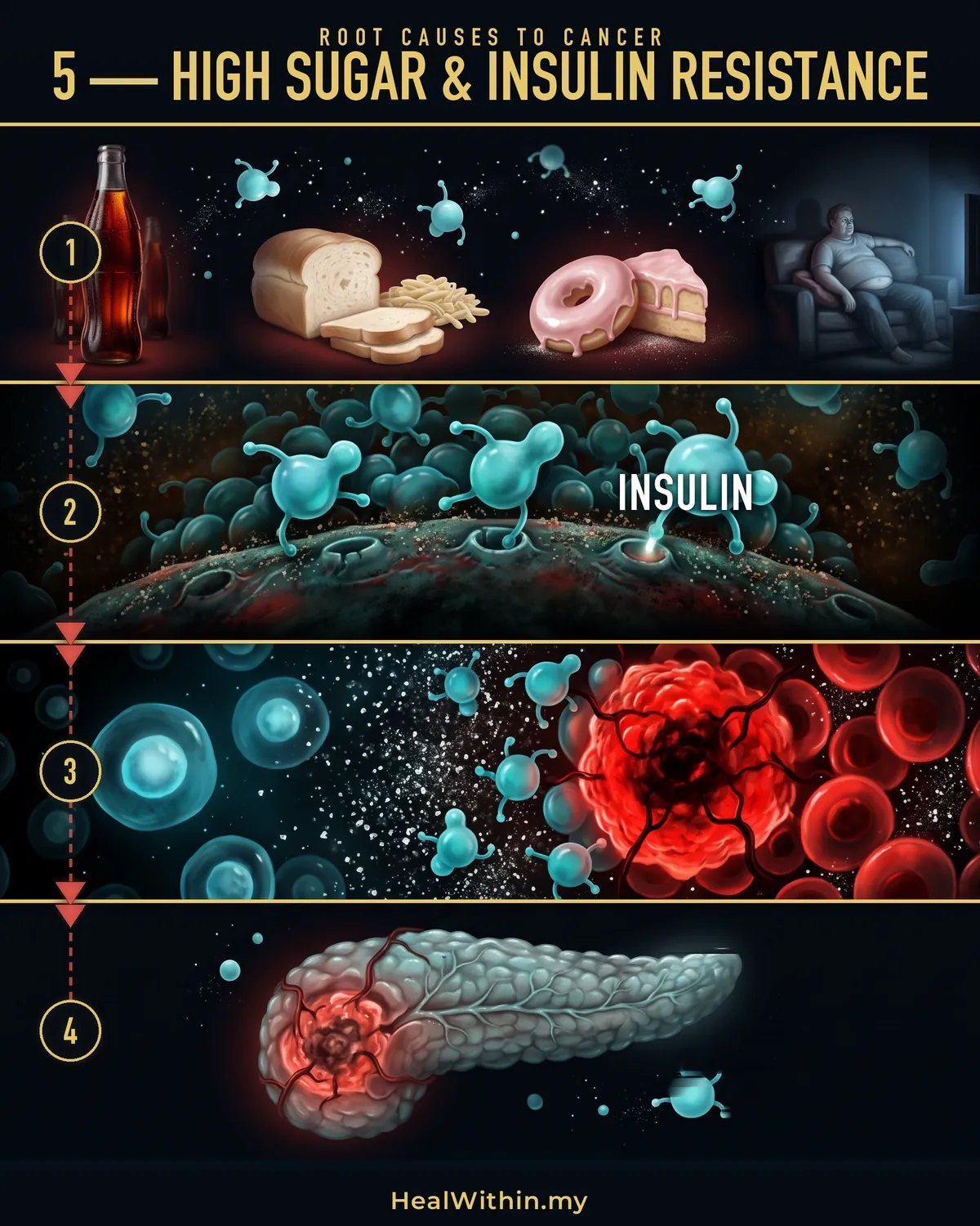 Root Cause 5, high sugar and insulin resistance, in four stages: a diet high in sugar and refined carbohydrates, with little movement, keeps blood sugar high; to protect themselves from that flood the cells reduce their response to insulin, so the body makes more and both sugar and insulin stay high; the environment the cells need turns abnormal and cells turn cancerous; a tumour is formed, the organ is damaged, and the cancer is diagnosed.