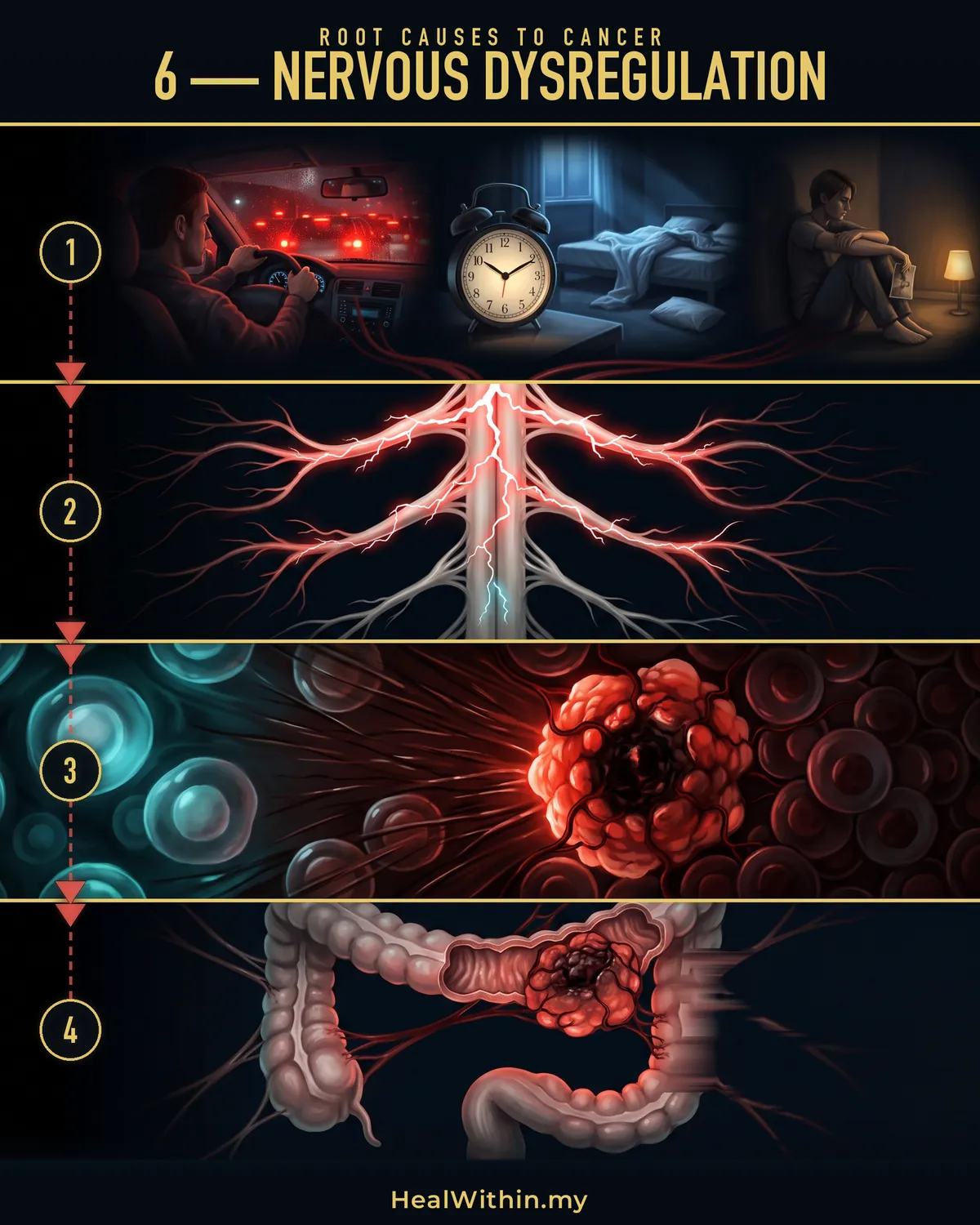 Root Cause 6, nervous dysregulation, in four stages: chronic stress, poor sleep and unresolved emotional burden hold the body in stress mode; the body almost never enters rest-and-repair mode, so digestion, detoxification, immune surveillance and tissue repair are switched down for years; the environment the cells need turns abnormal and cells turn cancerous; a tumour is formed, the organ is damaged, and the cancer is diagnosed.