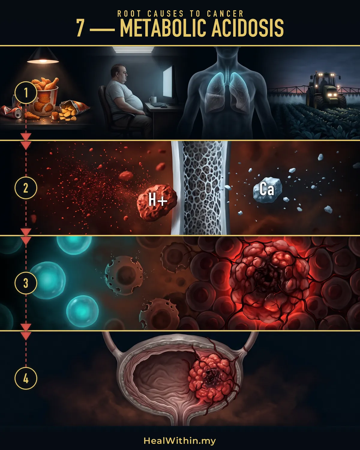 Root Cause 7, metabolic acidosis, in four stages: an acid-forming diet, a sedentary life, shallow breathing, gut acids, toxins and reduced kidney clearance all add acid; acid builds up faster than the body removes it, and minerals are pulled out of the bones to buffer it; the environment the cells need turns abnormal and cells turn cancerous; a tumour is formed, the organ is damaged, and the cancer is diagnosed.