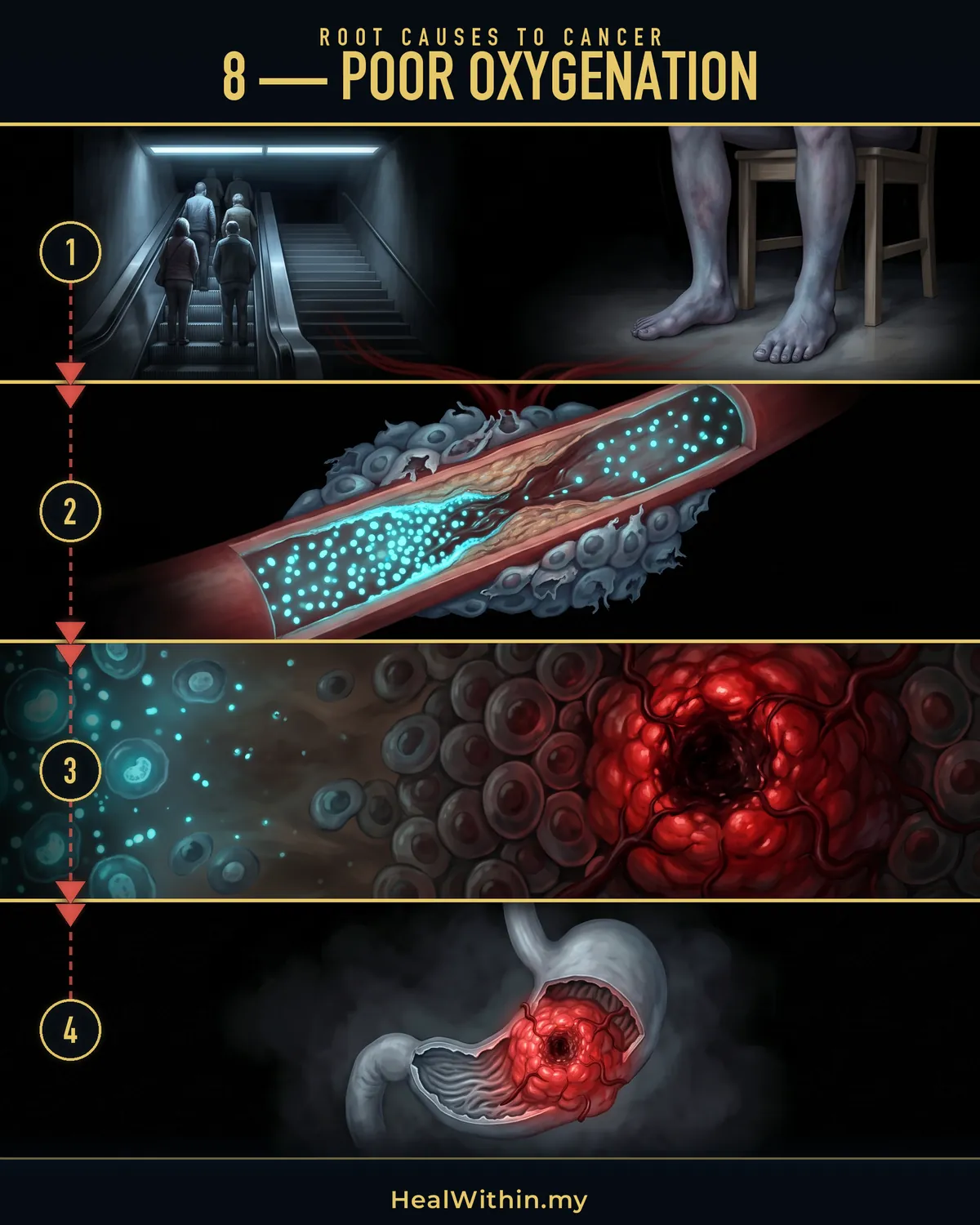 Root Cause 8, poor oxygenation, in four stages: lack of movement, poor circulation, shallow breathing and damaged cell membranes all reduce oxygen delivery; less oxygen reaches the cells, so they fall back on a low-oxygen way of producing energy that yields far less and leaves lactic acid behind; the environment the cells need turns abnormal and cells turn cancerous; a tumour is formed, the organ is damaged, and the cancer is diagnosed.