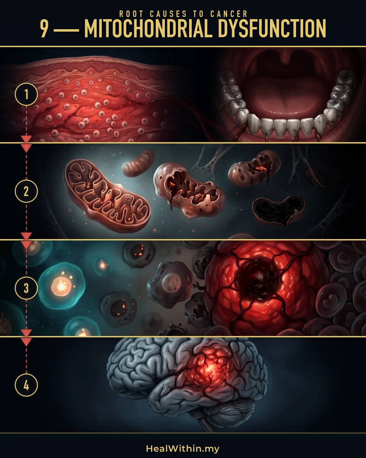 Root Cause 9, mitochondrial dysfunction, in four stages: toxins, missing nutrients, low oxygen and constant inflammation damage the mitochondria; energy production inside the cell drops, so repair, detoxification and immune work all slow down; the environment the cells need turns abnormal and cells turn cancerous; a tumour is formed, the organ is damaged, and the cancer is diagnosed.